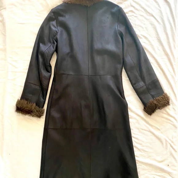 Vintage WHISTLES Dark Brown Soft Leather & Fur Long Overcoat Size Medium